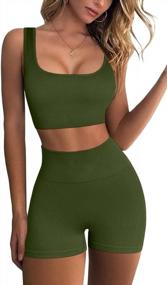 img 4 attached to QINSEN Workout Sets For Women 2 Piece Seamless Ribbed Crop Tank High Waist Shorts Yoga Outfits