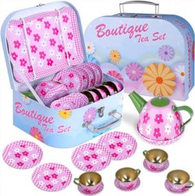 img 4 attached to Pretend Tea Party Set For Girls - 15 Piece Metal Toy Kitchen Tea Set With Tea Pot, Cups, Plates, Saucers, Tray, And Pink Flower Carry Case By INNOCHEER