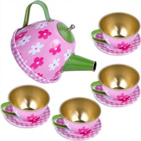 img 1 attached to Набор для чаепития для девочек - металлический игрушечный кухонный чайный сервиз из 15 предметов с чайником, чашками, тарелками, блюдцами, подносом и футляром для переноски с розовым цветком от INNOCHEER