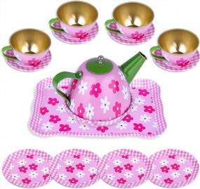 img 2 attached to Pretend Tea Party Set For Girls - 15 Piece Metal Toy Kitchen Tea Set With Tea Pot, Cups, Plates, Saucers, Tray, And Pink Flower Carry Case By INNOCHEER