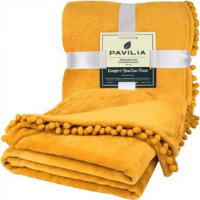 img 3 attached to PAVILIA Pom Pom Blanket Throw, Mustard Yellow Gold Soft Fleece Pompom Fringe Blanket For Couch Bed Sofa Decorative Cozy Plush Warm Flannel Velvet Tassel Throw Blanket, 50X60