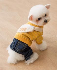 img 3 attached to 👕 Костюмы LaidaPets для собак из денима: пуловер и джинсы для средних и маленьких собак, комбинезон для щенков и кошек в желтом цвете с мешком через плечо.