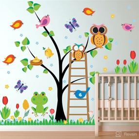 img 1 attached to 🌳 DRWSSR Animal Jungle Wall Decals with Cartoon Big Tree, Little Birds, Owl, Butterfly, Frog, Stairs, and Tulip Wall Decor - Perfect Wall Art Murals for Kids' Babys Bedroom, Living Room, Nursery or Classroom Decoration