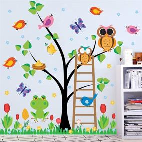 img 2 attached to 🌳 DRWSSR Animal Jungle Wall Decals with Cartoon Big Tree, Little Birds, Owl, Butterfly, Frog, Stairs, and Tulip Wall Decor - Perfect Wall Art Murals for Kids' Babys Bedroom, Living Room, Nursery or Classroom Decoration