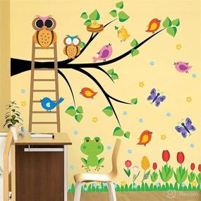 img 3 attached to 🌳 DRWSSR Animal Jungle Wall Decals with Cartoon Big Tree, Little Birds, Owl, Butterfly, Frog, Stairs, and Tulip Wall Decor - Perfect Wall Art Murals for Kids' Babys Bedroom, Living Room, Nursery or Classroom Decoration