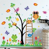 🌳 drwssr animal jungle wall decals with cartoon big tree, little birds, owl, butterfly, frog, stairs, and tulip wall decor - perfect wall art murals for kids' babys bedroom, living room, nursery or classroom decoration logo