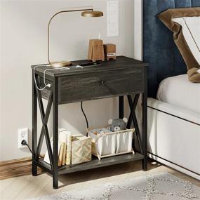 img 2 attached to Ironck Charcoal Grey Nightstand With Charging Station And Pull-Down Drawer - Perfect Narrow Bedside Table For Small Bedrooms And Living Spaces - Easy Assembly