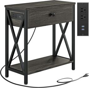 img 4 attached to Ironck Charcoal Grey Nightstand With Charging Station And Pull-Down Drawer - Perfect Narrow Bedside Table For Small Bedrooms And Living Spaces - Easy Assembly