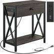 ironck charcoal grey nightstand with charging station and pull-down drawer - perfect narrow bedside table for small bedrooms and living spaces - easy assembly logo