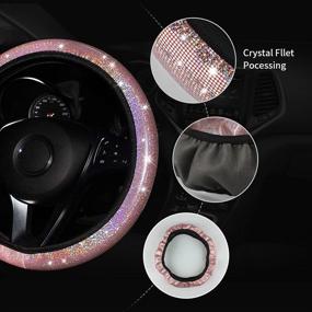 img 3 attached to 🌸 Sparkly Pink Steering Wheel Cover for Women - Universal Fit 15 Inch with Bling Cup Holder Coasters and Rhinestone Ring Emblem Sticker - 5 Set Car Interior Accessories