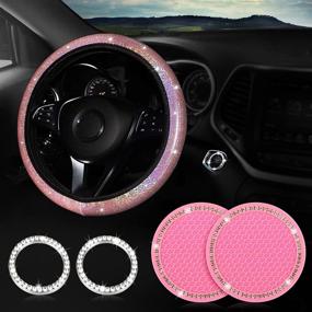 img 4 attached to 🌸 Sparkly Pink Steering Wheel Cover for Women - Universal Fit 15 Inch with Bling Cup Holder Coasters and Rhinestone Ring Emblem Sticker - 5 Set Car Interior Accessories