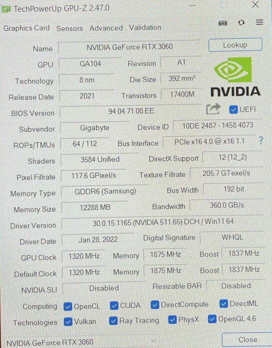 img 1 attached to GIGABYTE REV2 0 WINDFORCE GV N3060VISION OC 12GD review by Stanislaw Mirzalek ᠌