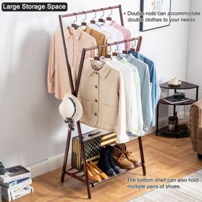 img 3 attached to Heavy Duty Bamboo Garment Coat Rack With 2 Top Rods And Lower Shoe Shelves | Space Saving Clothing Storage Organizer (Dark Brown)