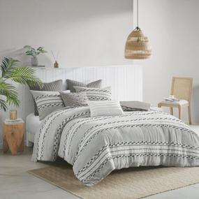 img 4 attached to Mid Century Modern Boho Duvet Set - INK+IVY Lennon 100% Cotton Cover With Textured Jacquard Design, All Season Comforter, Matching Shams, King/Cal King Size, Charcoal 3 Piece Bedding