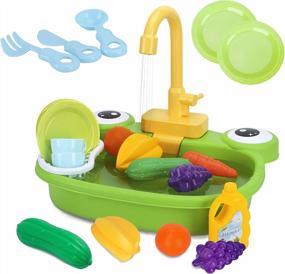 img 4 attached to GuDoQi Kitchen Sink Toy For Kids, Frog Model Pretend Play Kids Electric Dishwasher With Running Water, Easy To Installed Automatic Water Cycle System, Washing Vegetables, Birthday Gift For 3-7 Kids