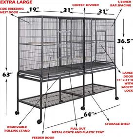 img 3 attached to Spacious Wrought Iron Double Breeding Bird Cage With Slide-Out Divider, 3 Levels Of Abode For Parrots, Cockatiels, And Conures, 63" L X 19" D X 64" H With Rolling Stand