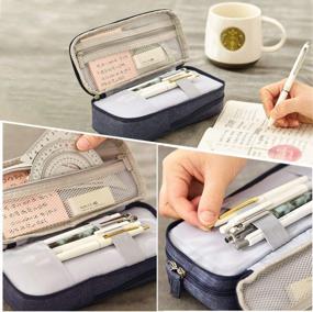 img 3 attached to Large Capacity Pen Bag Phone Holder Standing Pencil Case With 4 Compartments For Women - ISuperb Mobile Phone Bracket Stationery Pouch