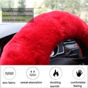 img 3 attached to 🚗 YSLSLOO 5-Piece Fluffy Car Interior Set: Red Furry Steering Wheel Cover, Handbrake Cover, Gear Shift Cover, Seat Belt Shoulder Pads (15 Inch)