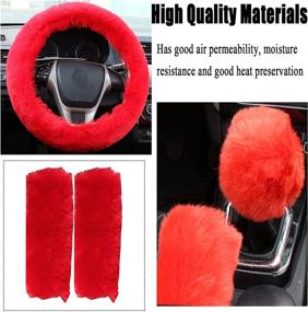 img 1 attached to 🚗 YSLSLOO 5-Piece Fluffy Car Interior Set: Red Furry Steering Wheel Cover, Handbrake Cover, Gear Shift Cover, Seat Belt Shoulder Pads (15 Inch)