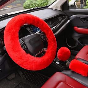 img 2 attached to 🚗 YSLSLOO 5-Piece Fluffy Car Interior Set: Red Furry Steering Wheel Cover, Handbrake Cover, Gear Shift Cover, Seat Belt Shoulder Pads (15 Inch)