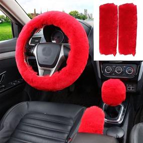 img 4 attached to 🚗 YSLSLOO 5-Piece Fluffy Car Interior Set: Red Furry Steering Wheel Cover, Handbrake Cover, Gear Shift Cover, Seat Belt Shoulder Pads (15 Inch)