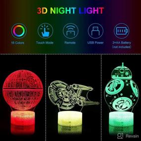 img 3 attached to 🌟 3D Illusion Night Light for Kids, LED Desk Lamp with 3 Patterns, 16 Color Changing Decor Nightlight. Death Star, BB-8, and Starships Toys as Perfect Gifts for Kids and Star Wars Enthusiasts