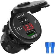 waterproof qc3.0 car charger usb outlet socket 12v/24v with red led digital voltmeter, on/off switch - ideal for car, boat, motorcycle, marine логотип