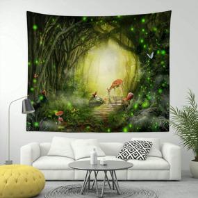 img 1 attached to Fairy Fantasy Forest Deer Mushroom Art Print Tapestry - BROSHAN Green Wall Hanging For Bedroom Home Decor