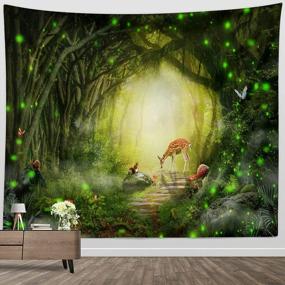 img 3 attached to Fairy Fantasy Forest Deer Mushroom Art Print Tapestry - BROSHAN Green Wall Hanging For Bedroom Home Decor