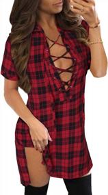 img 4 attached to Women'S Plaid Checkered Deep V Neck Lace Up Shirt Bandage Bodycon Dress