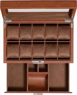rothwell 10-slot watch box in leather with valet drawer, luxury watch case display organizer with ultra soft microsuede liner, jewelry and sunglass holder with large glass top (tan/brown) logo
