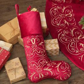 img 4 attached to Рождественские чулки с вышивкой Bunny Chorus: 20 дюймов, красный бархатный мех, плюшевый рождественский декор с золотой вышивкой - идеально подходит для семейных праздников