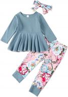 stylish toddler girl outfit : ruffle top, floral pants, and cute headband set in solid colors logo