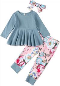 img 4 attached to Stylish Toddler Girl Outfit : Ruffle Top, Floral Pants, And Cute Headband Set In Solid Colors