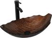 leaf shaped brown vessel sink with faucet, mounting ring, and pop up drain - unique bathroom bowl basin logo
