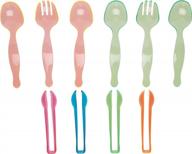 10-piece heavy duty plastic serving utensils set - 4 spoons, 2 forks, 4 tongs in neon assorted colors logo