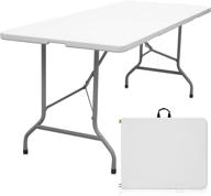 6ft portable heavy duty plastic folding table - fold-in-half utility table for indoor outdoor use, picnic, camping, and parties - white logo