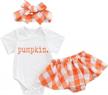 adorable 3pcs halloween outfit for baby girls - pumpkin letters t-shirt, plaid shorts & headband! logo