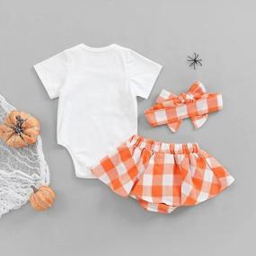 img 2 attached to Adorable 3PCS Halloween Outfit For Baby Girls - Pumpkin Letters T-Shirt, Plaid Shorts & Headband!