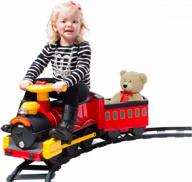 rollplay electric train ride on for kids featuring real cold water steam, 22 track pieces, detachable caboose, working headlights and sounds, with a top speed of 1 mph, red logo