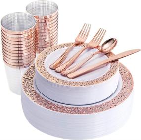 img 4 attached to Complete Set Of 175 Elegant Rose Gold Disposable Plates, Silverware, And Cups - Includes 25X 10.25" Dinner Plates, 25X 7.5" Salad Plates, 25X Cups, 50X Forks, And 25X Knives