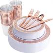 complete set of 175 elegant rose gold disposable plates, silverware, and cups - includes 25x 10.25" dinner plates, 25x 7.5" salad plates, 25x cups, 50x forks, and 25x knives logo