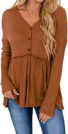 women's waffle peplum blouse with ruffle babydoll design, long sleeves, v-neck, and button-up front - perfect for tunic top enthusiasts logo