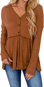 img 4 attached to Women'S Waffle Peplum Blouse With Ruffle Babydoll Design, Long Sleeves, V-Neck, And Button-Up Front - Perfect For Tunic Top Enthusiasts