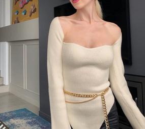 img 3 attached to Meladyan Women Scoop Neck Asymmetrical Hem Knit Sweater Top Off Shoulder Long Sleeve Square Neck Solid Sexy Sweaters