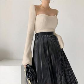 img 2 attached to Meladyan Women Scoop Neck Asymmetrical Hem Knit Sweater Top Off Shoulder Long Sleeve Square Neck Solid Sexy Sweaters