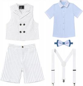 img 4 attached to Stylish Boys' Tuxedos With Suspender Outfit For Ring Bearer - Plaid And Striped Formal Suit Set For Weddings And Formal Events - Slim Fit Kids' Suit