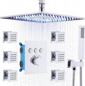 img 4 attached to 12 Inch Ceiling Mount Full Body Shower System With Thermostatic Faucet, Body Jets And LED Rain Shower - Use All Showerheads Simultaneously - Chrome Finish