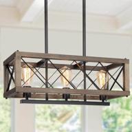 rustic modern farmhouse chandelier with 3 lights, 24" rectangular dining room lighting fixture, hangable pendant lamp with wood and black metal finish logo