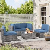 jamfly 5 pieces outdoor patio sectional sofa couch, pe wicker furniture conversation sets with washable cushions & glass coffee table for garden, poolside, backyard (silver gray rattan)(aegean blue) logo